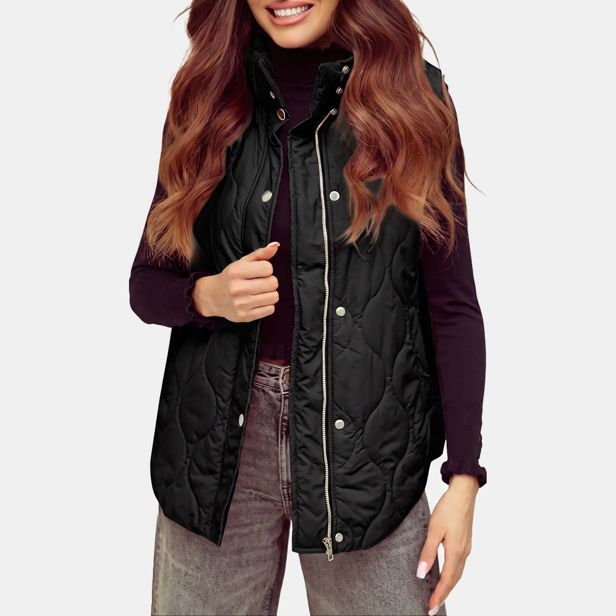 Women's Quilted Puffer Vest Sleeveless Zip and Snap Button Hooded Coat