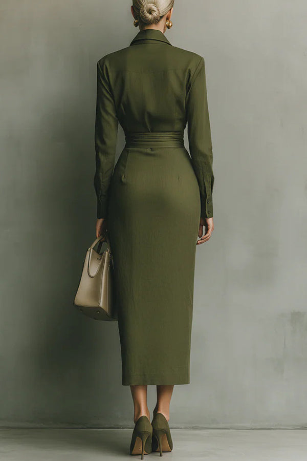 Meliora | Collared Button-Front Draped-Waist Midi Dress for Women