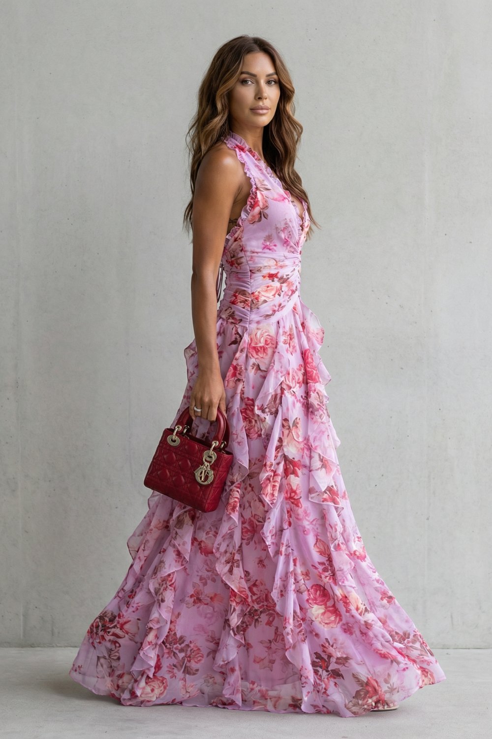 Seraphina | Romantic Cascading Rose Long Dress with American Neckline