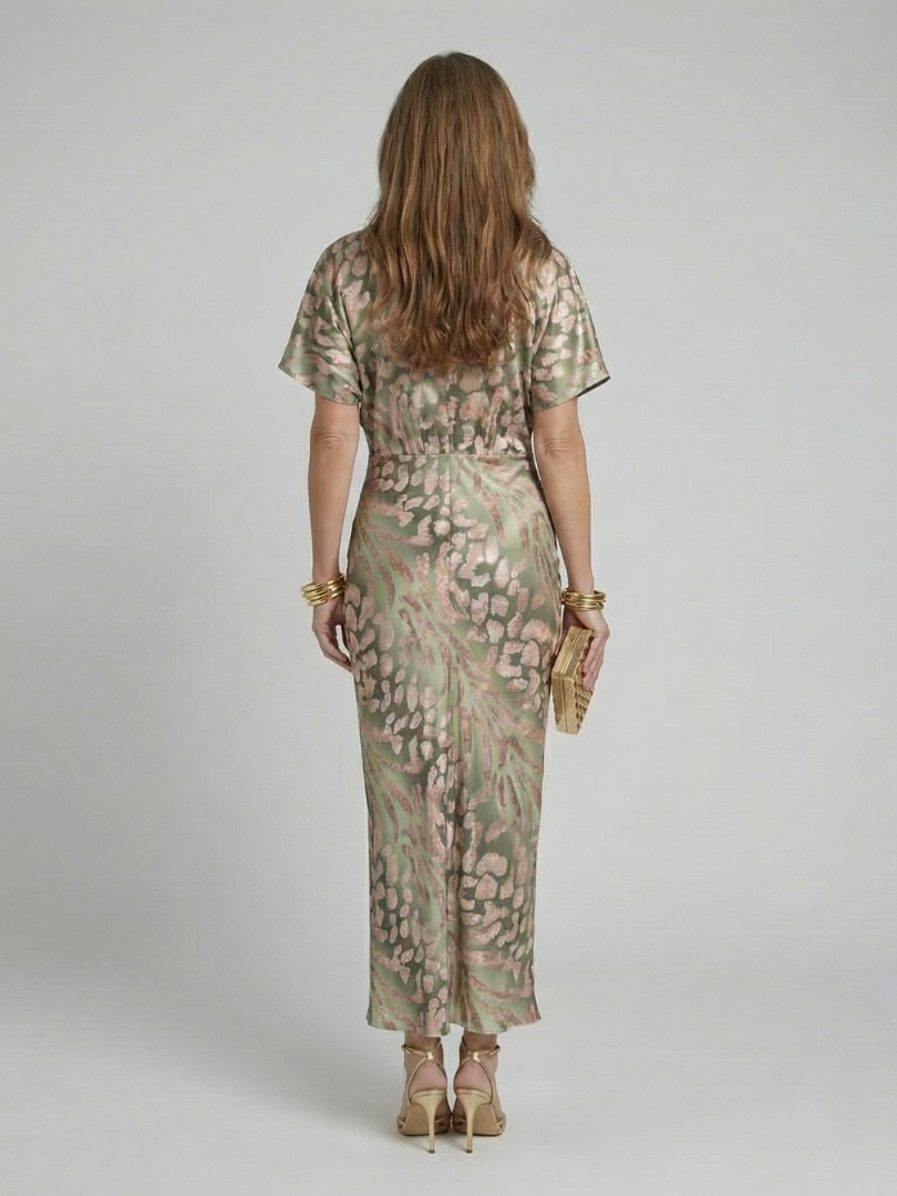 Hayes & Tate™  | Abstract Print V Neck Twist Waist Midi Dress