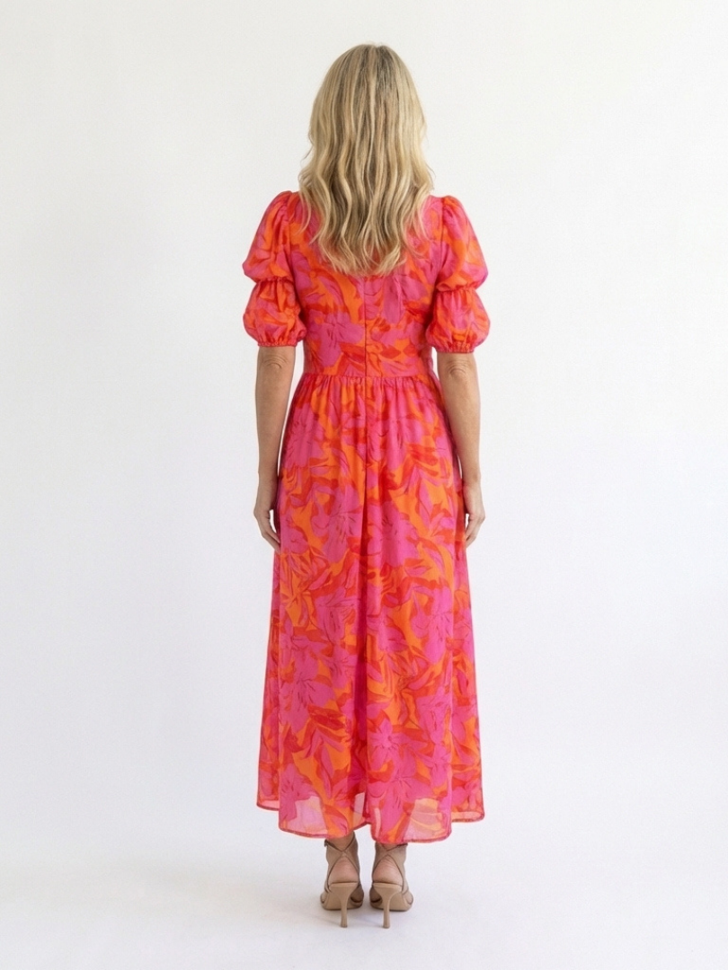 Hayes & Tate™  | Floral V Neck Puff Sleeve Midi Dress