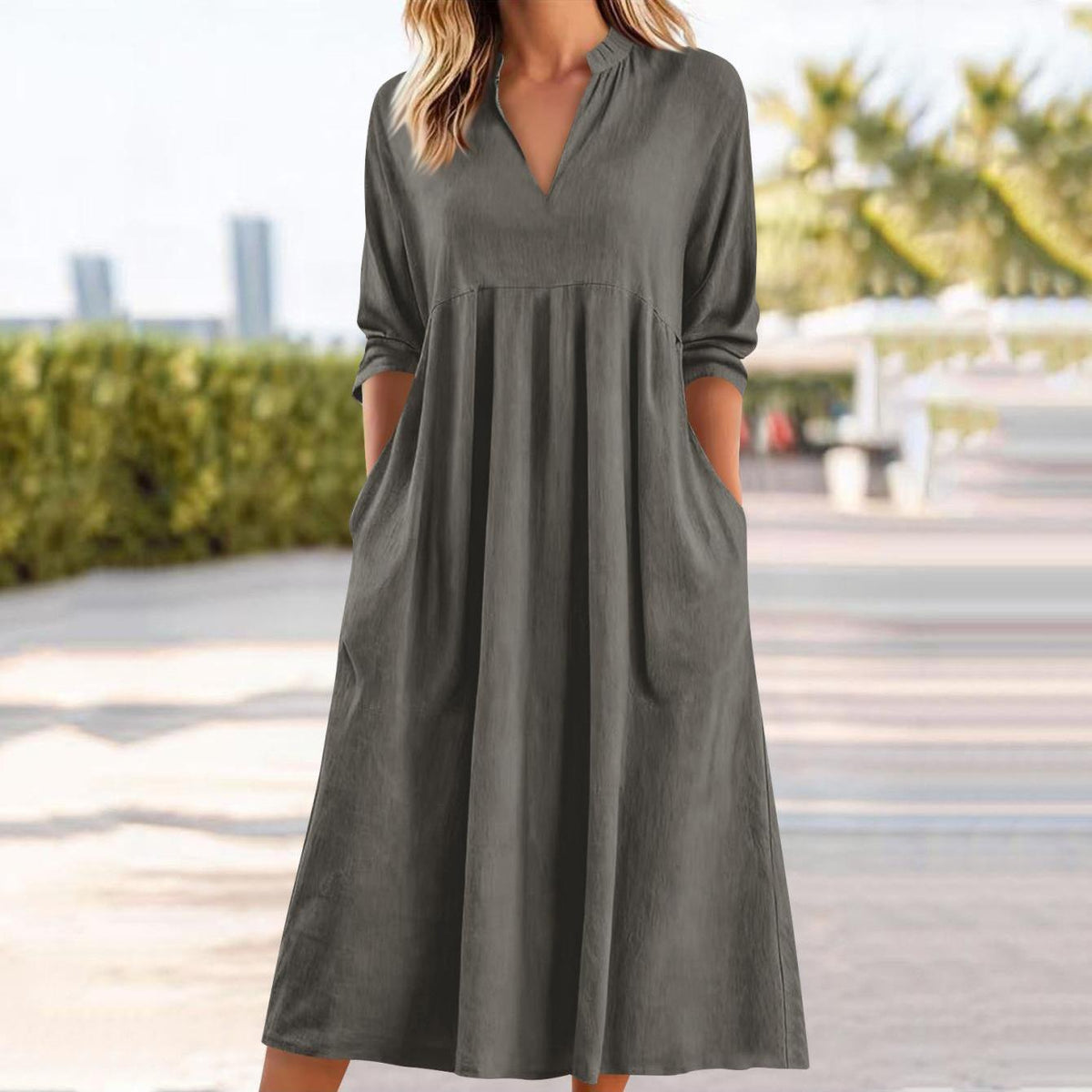 Amber | Elegant Linen Midi Dress with Pockets