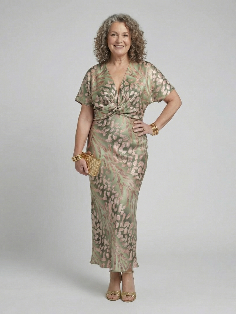 Hayes & Tate™  | Abstract Print V Neck Twist Waist Midi Dress
