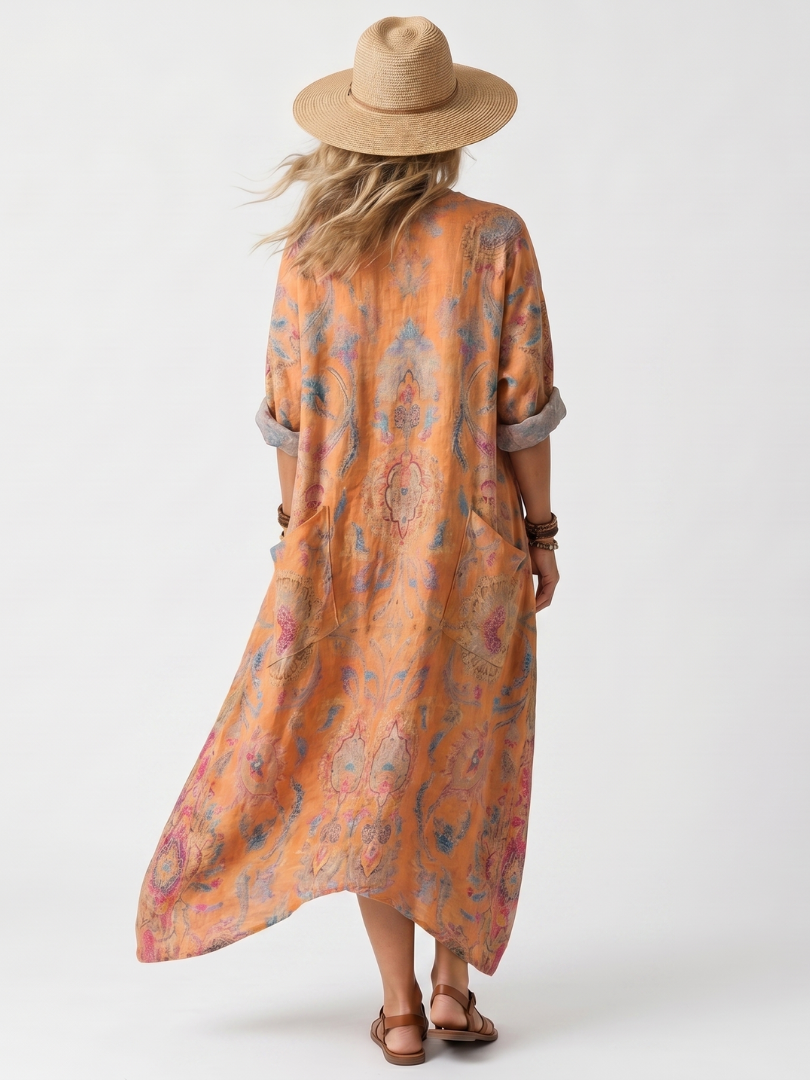 Zara | Notch Neck Printed Oversized Pocket Midi Dress
