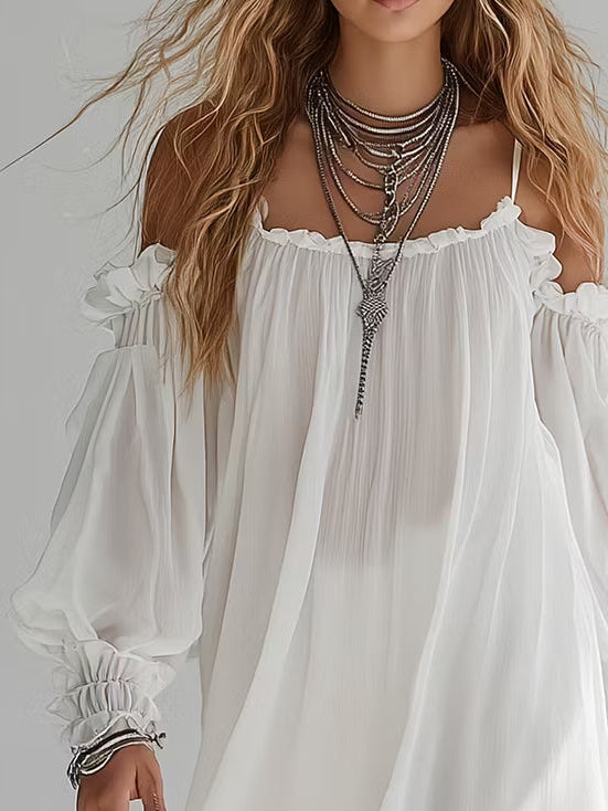 Floating Mini Dress in Bohemian Style with Off-the-Shoulder Design