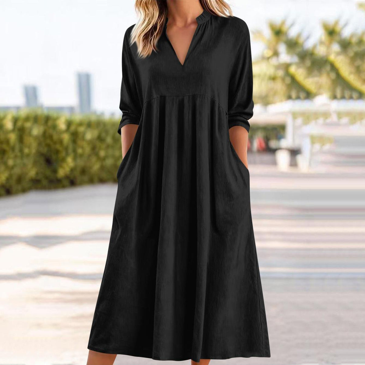 Amber | Elegant Linen Midi Dress with Pockets
