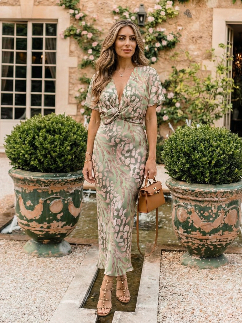 Hayes & Tate™  | Abstract Print V Neck Twist Waist Midi Dress