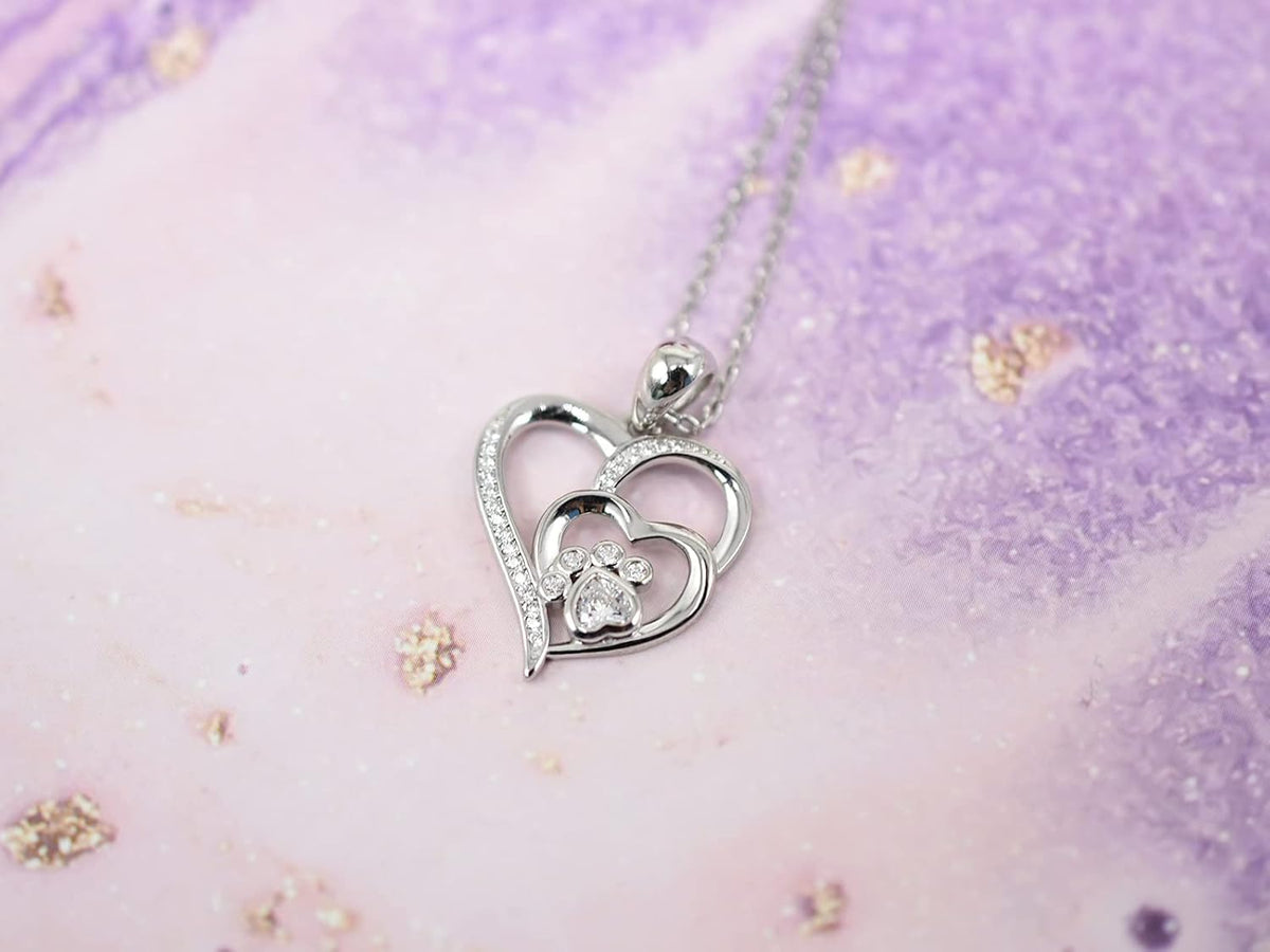 Sterling Silver Paw & Heart Necklace with Zirconia
