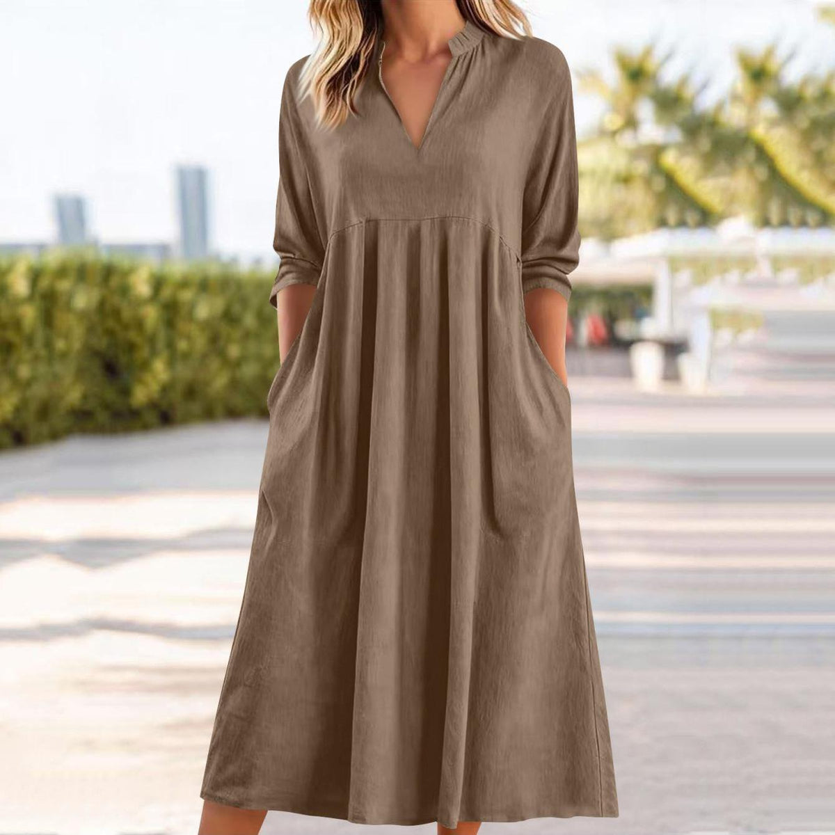Amber | Elegant Linen Midi Dress with Pockets