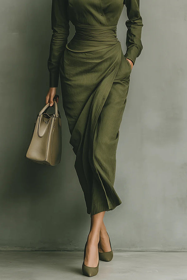 Meliora | Collared Button-Front Draped-Waist Midi Dress for Women