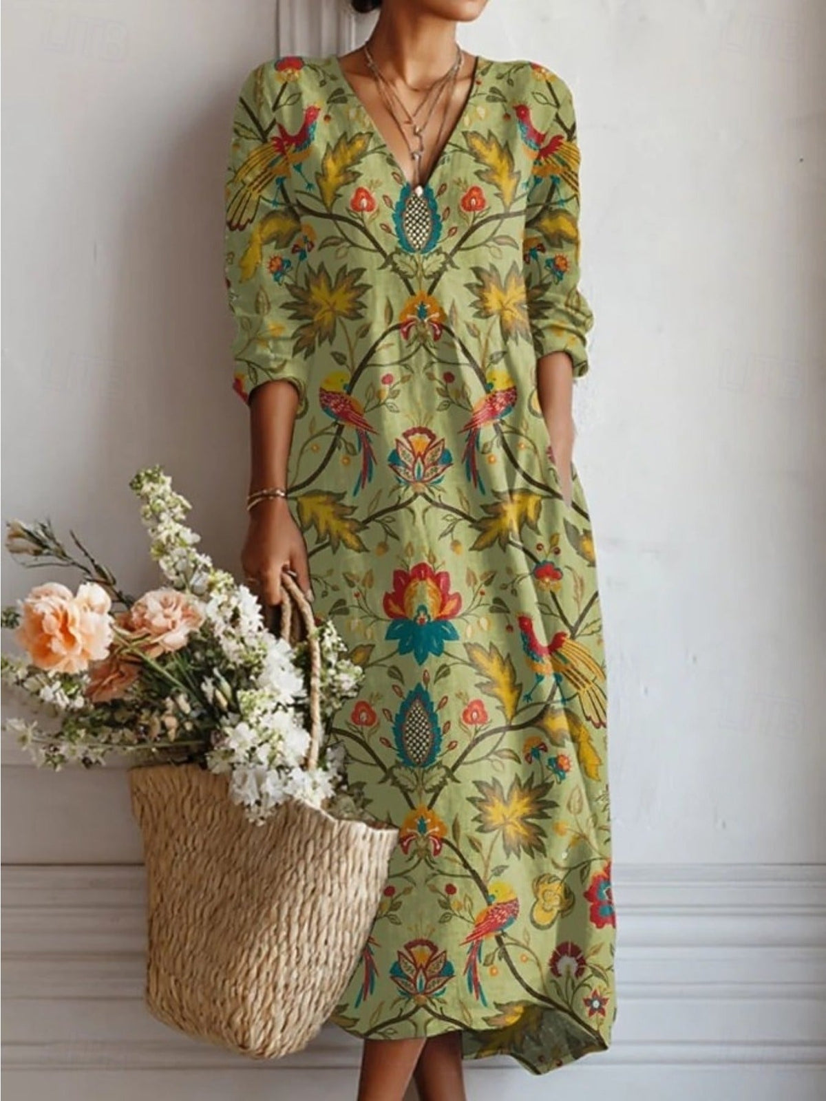Literary Plant Print Pocket A-Line Dress