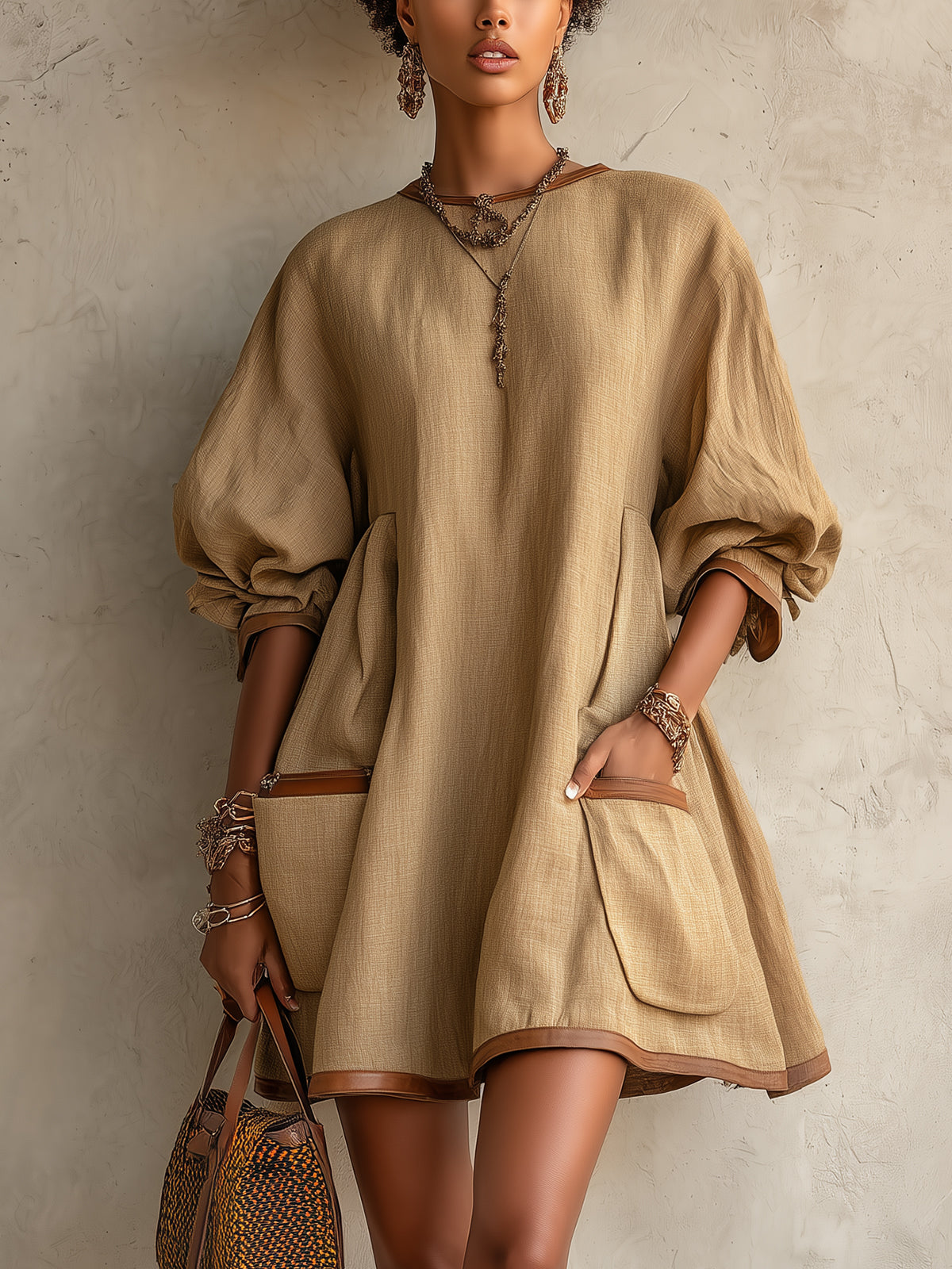 Khaki Oversized Mini Dress with Balloon Sleeves and Pockets