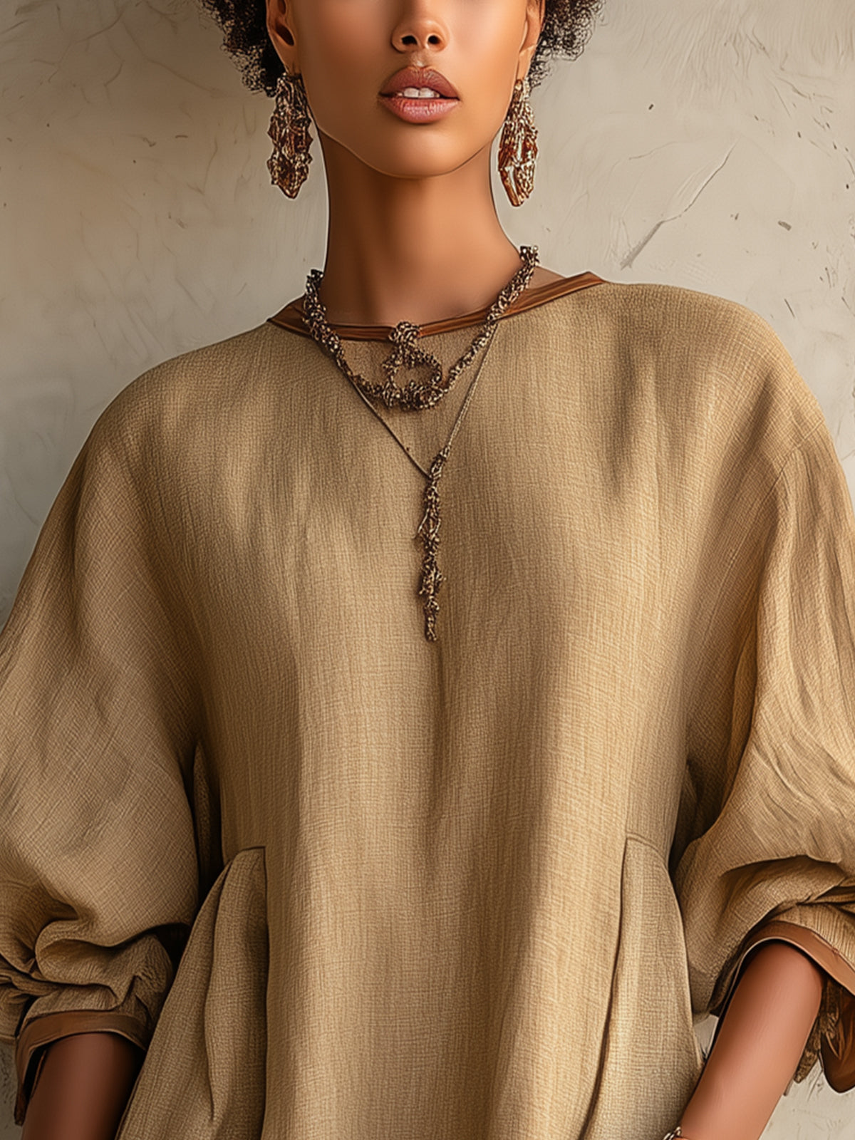 Khaki Oversized Mini Dress with Balloon Sleeves and Pockets