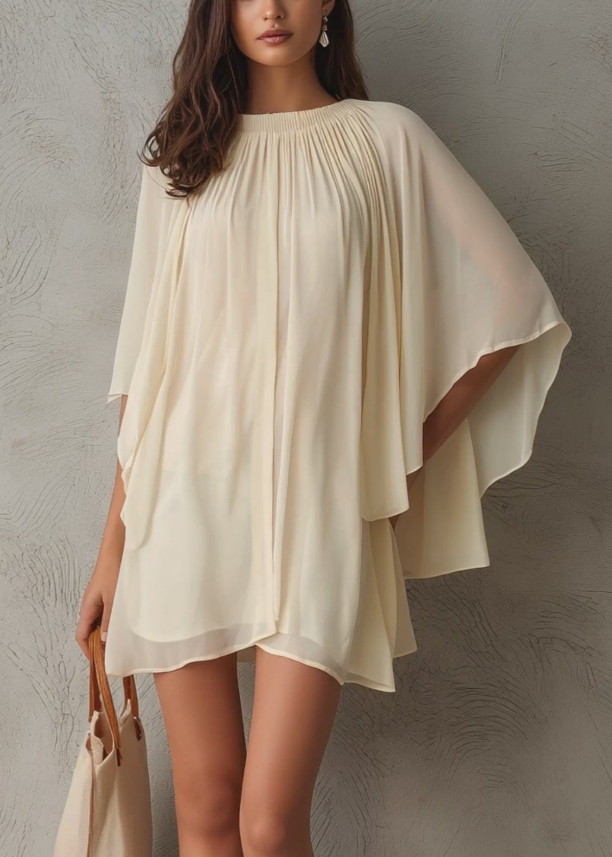Beige Chiffon Mini Dress with Hooded Sleeves for Women