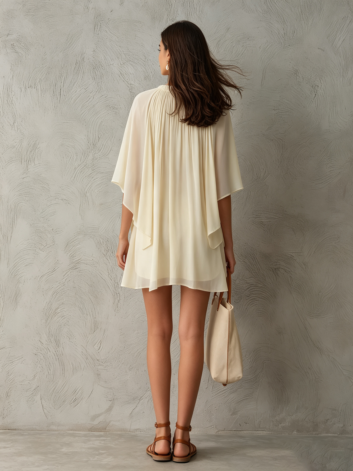 Beige Chiffon Mini Dress with Hooded Sleeves for Women
