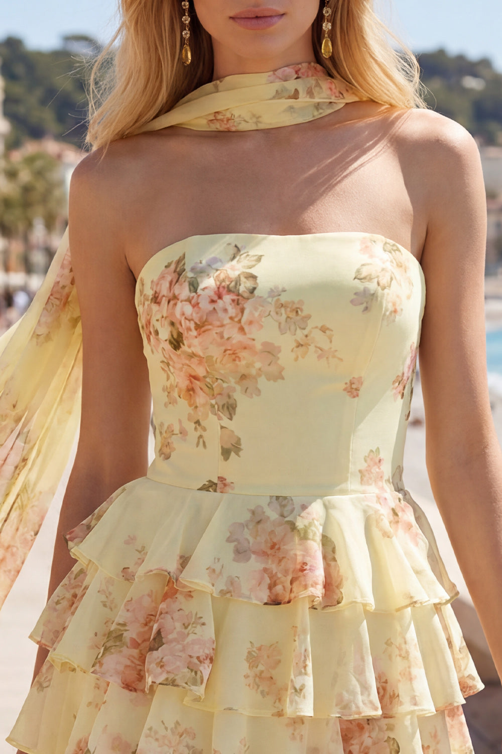 Yellow Floral A-Line Strapless Dress with Chiffon Scarf