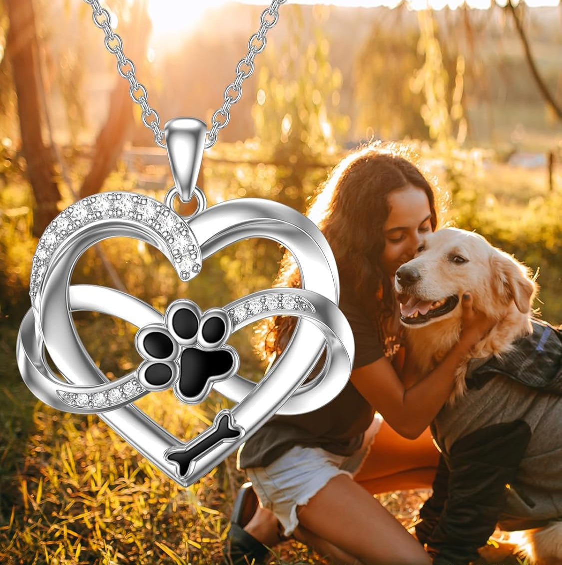 Infinity Heart & Paw Necklace in 925 Sterling Silver with Zirconia