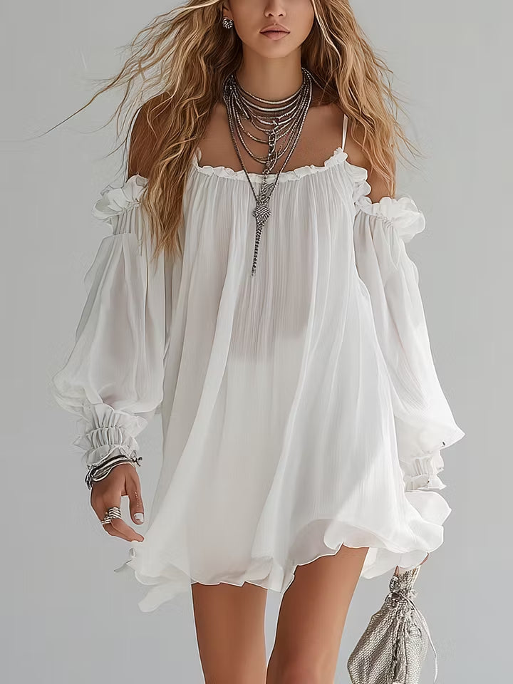 Bohemian Style Mini Flowy Dress with Off-the-Shoulder Sleeves