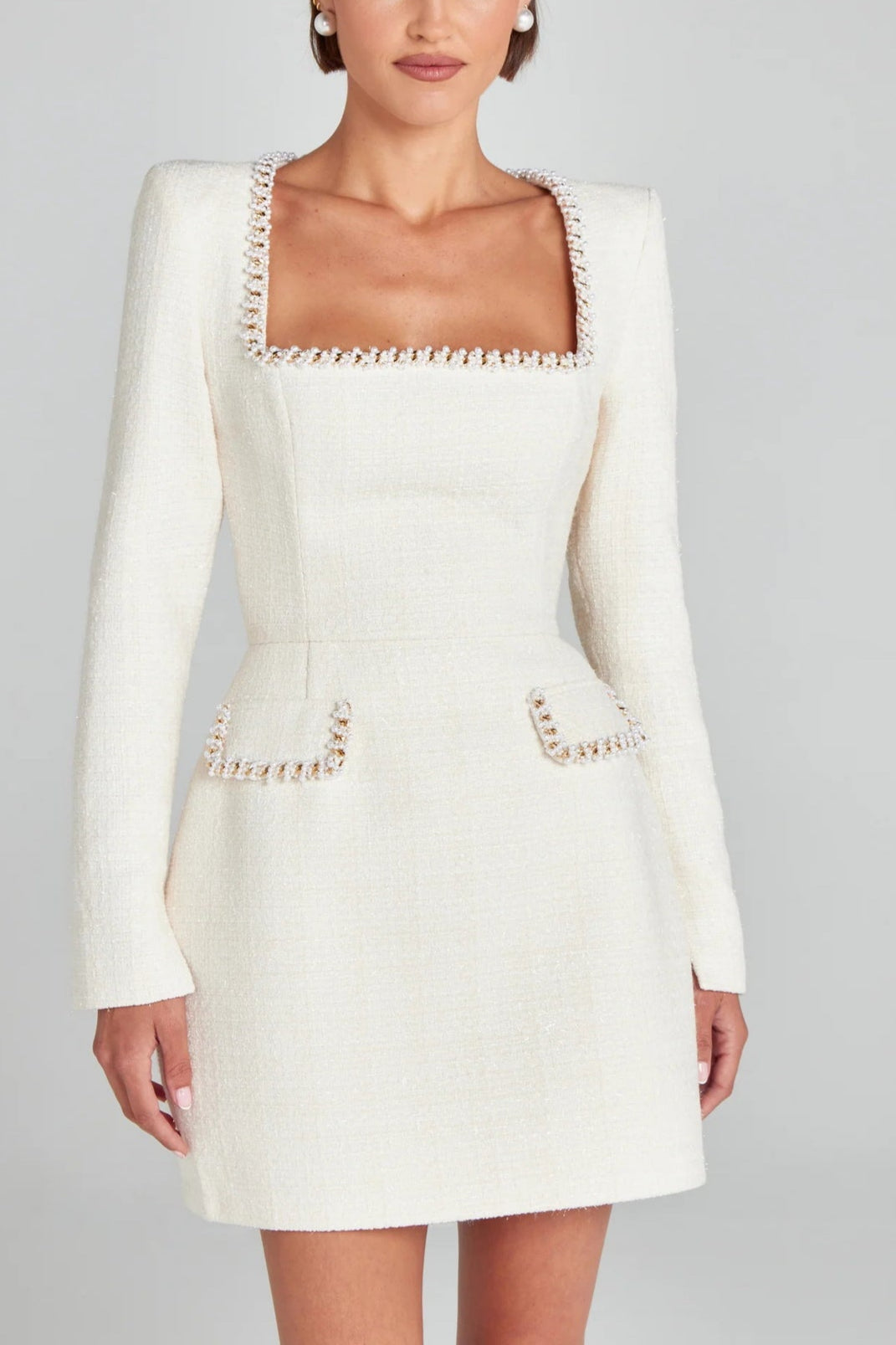 Mini Dress with Pockets and Pearl Trim, Elegant and Playful