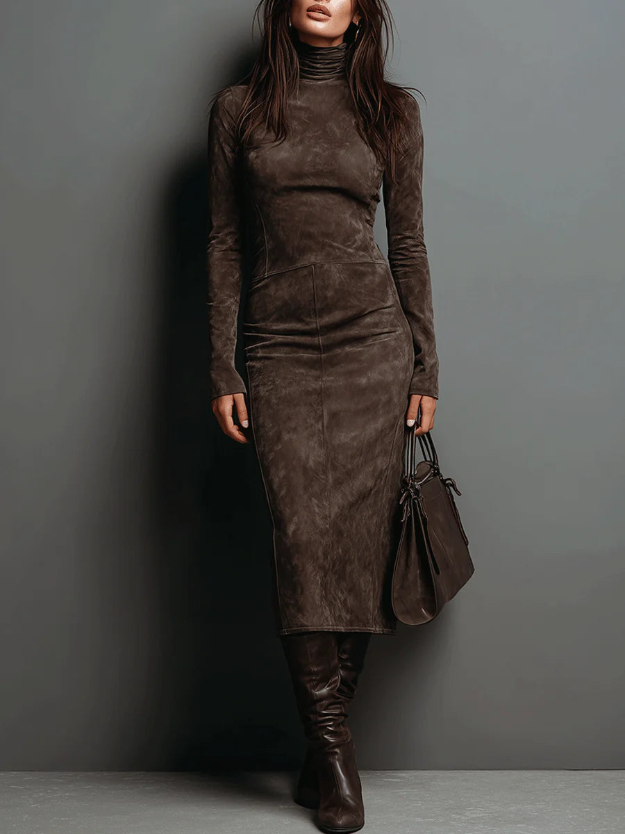Ilaria™ - Midi Dress in Suede with High Collar and Long Sleeves