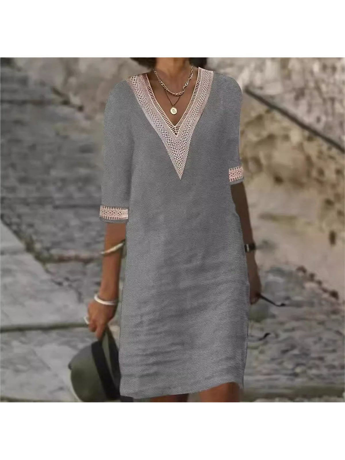 Angelica | Linen-blend Color V-Neck with Lace Trim