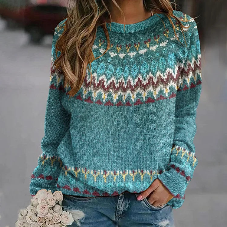 P|H - Teal Patterned Yoke Sweater Deborah