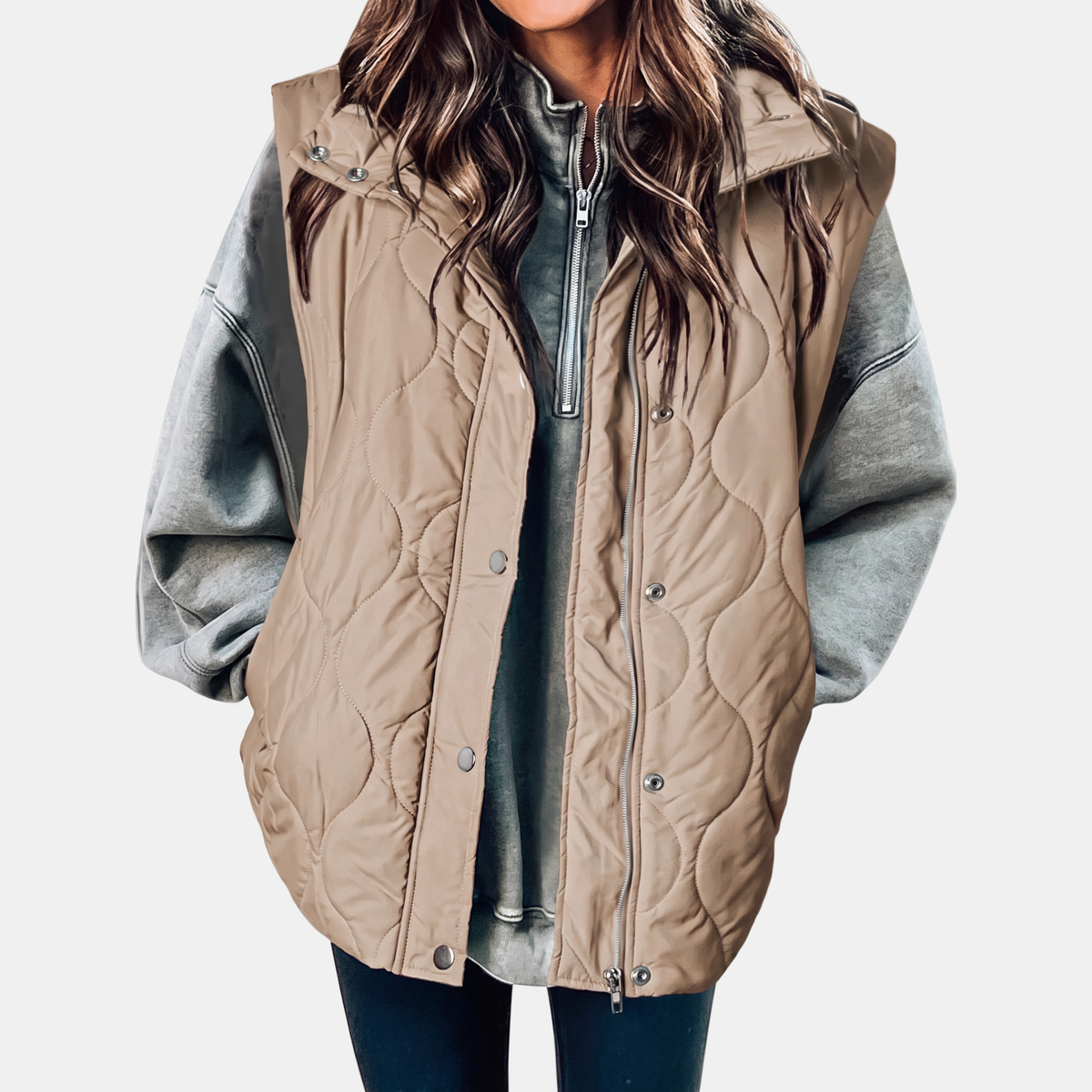 Women's Quilted Puffer Vest Sleeveless Zip and Snap Button Hooded Coat