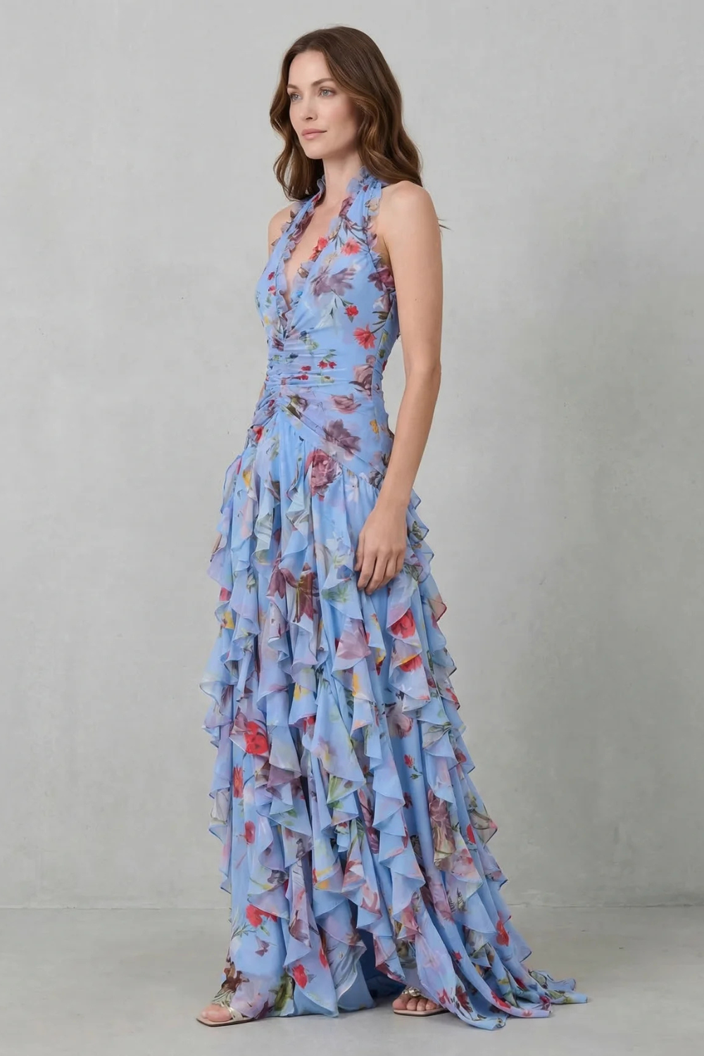Seraphina | Romantic Cascading Rose Long Dress with American Neckline