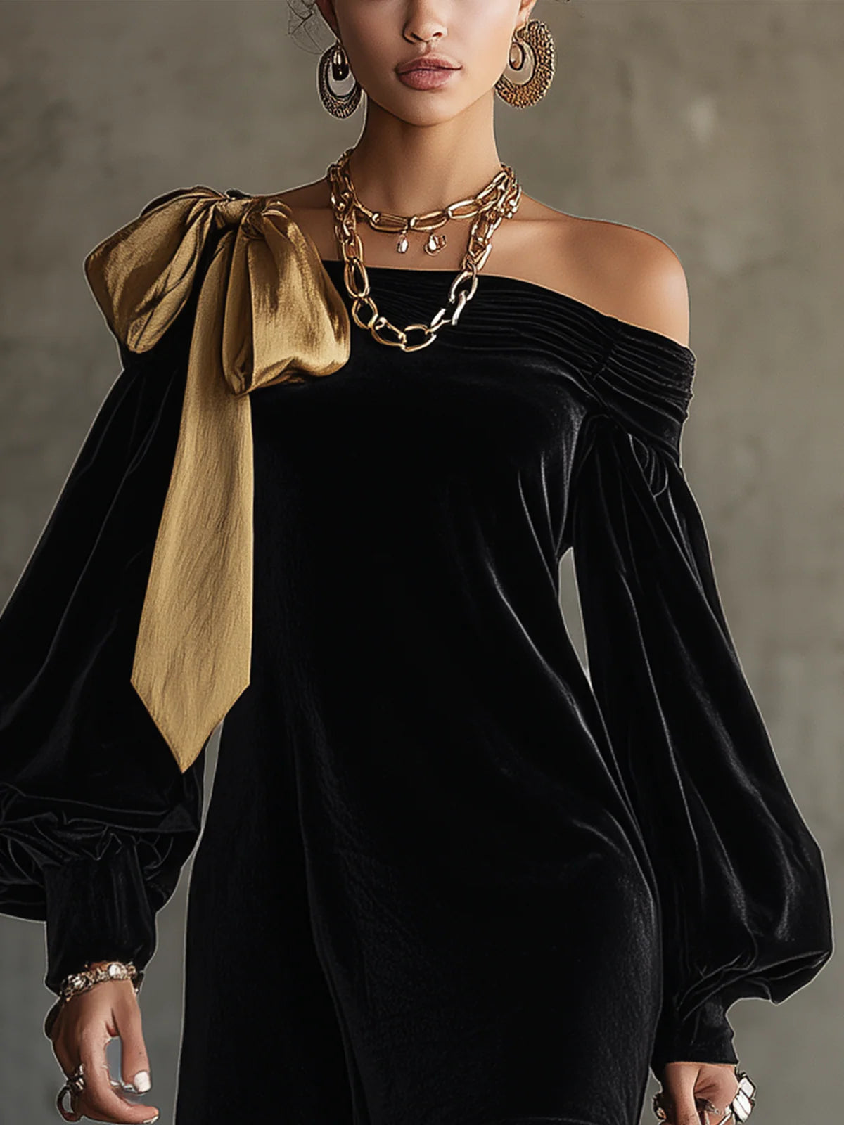 Off The Shoulder Black Velvet and Gold Satin Patchwork Mini Dress