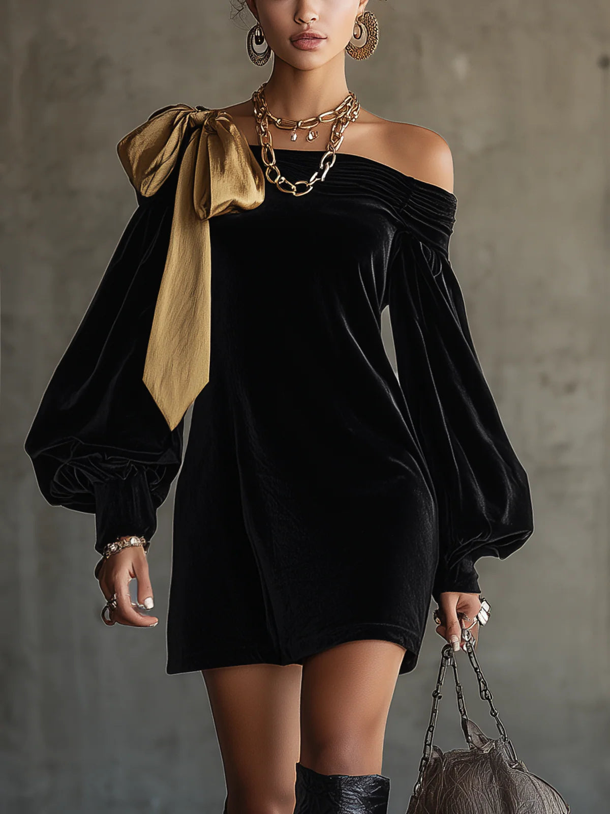 Off The Shoulder Black Velvet and Gold Satin Patchwork Mini Dress