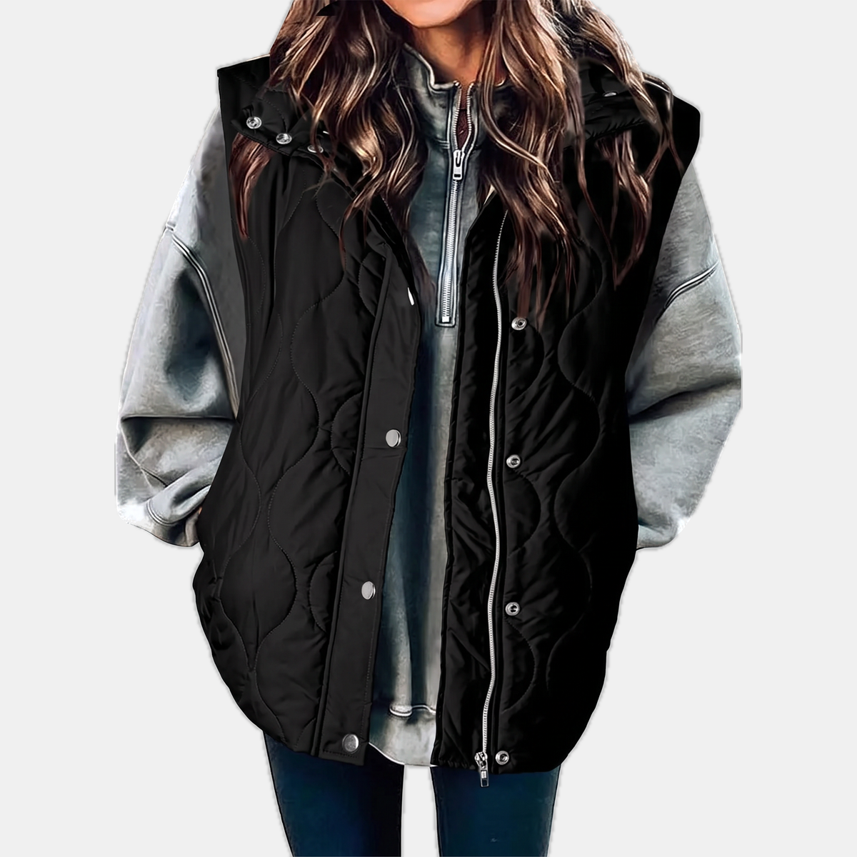 Women's Quilted Puffer Vest Sleeveless Zip and Snap Button Hooded Coat
