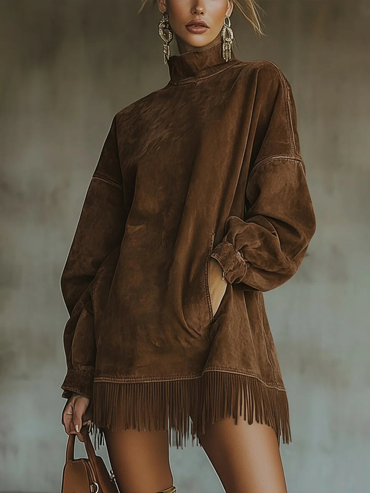 Faux Suede Dress with High Collar and Fringed Hem