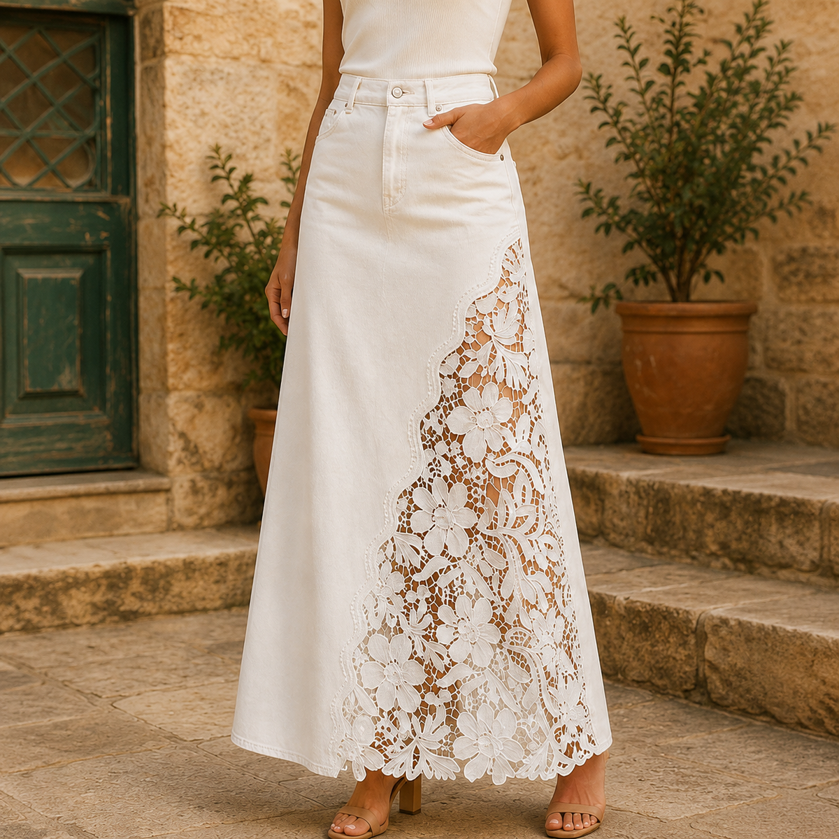 Maren Lace Denim Maxi Skirt