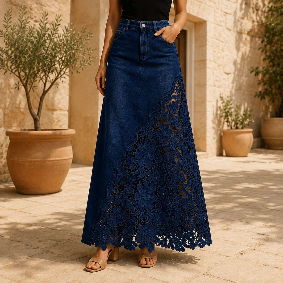 Maren Lace Denim Maxi Skirt