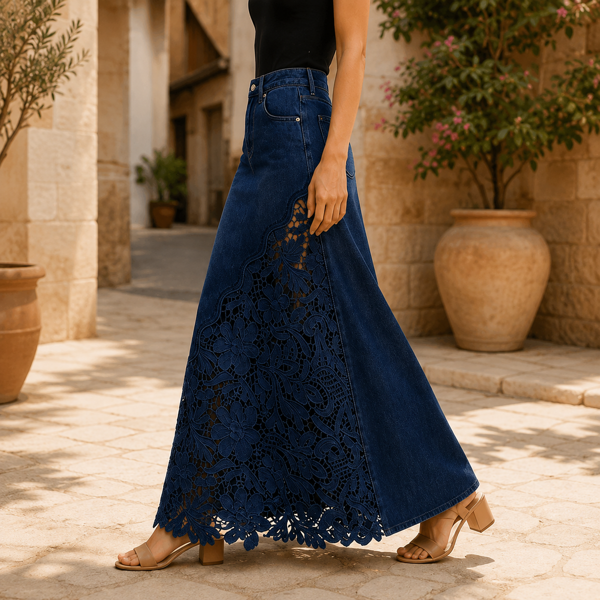 Maren Lace Denim Maxi Skirt