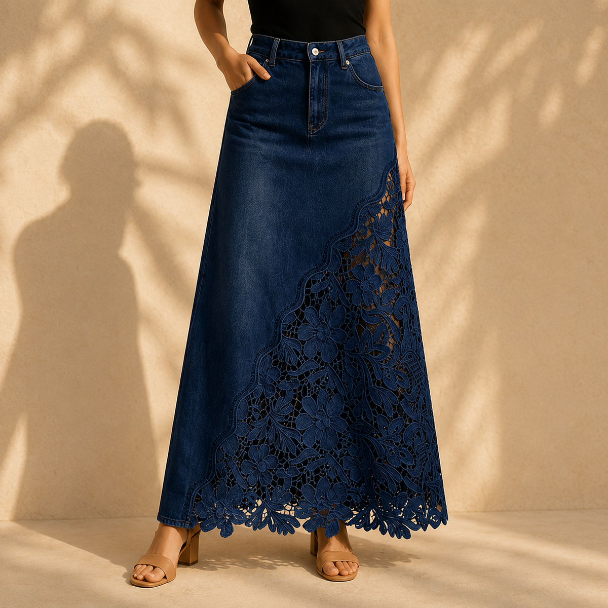 Maren Lace Denim Maxi Skirt