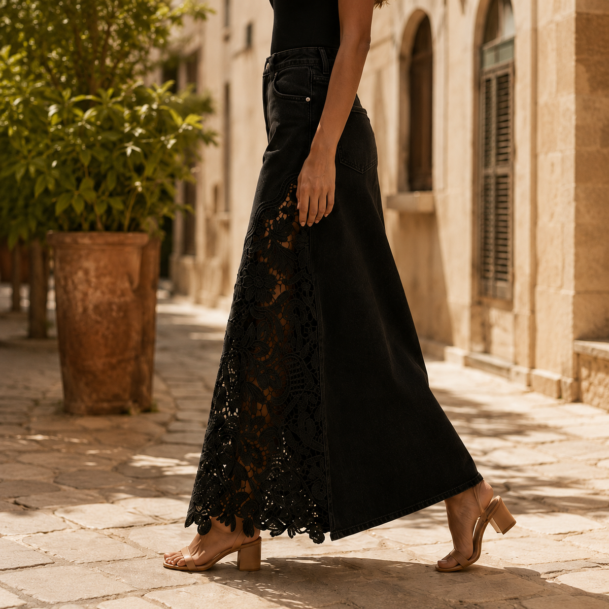 Maren Lace Denim Maxi Skirt