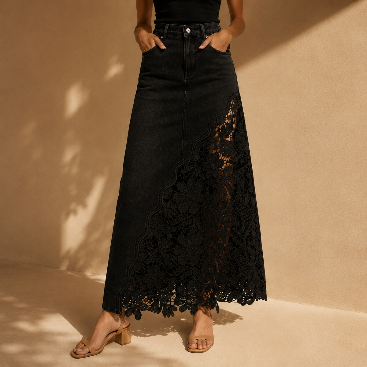 Maren Lace Denim Maxi Skirt