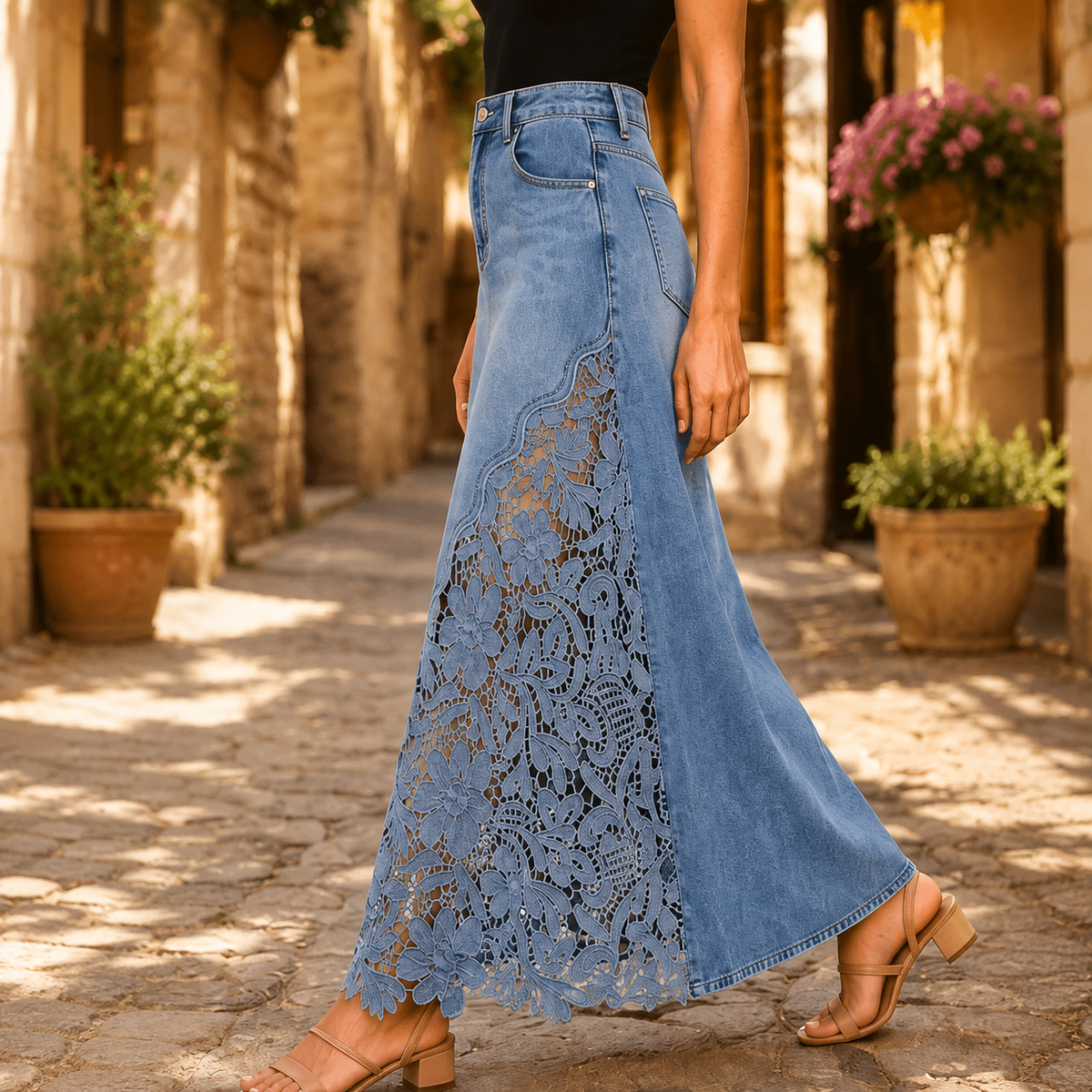 Maren Lace Denim Maxi Skirt