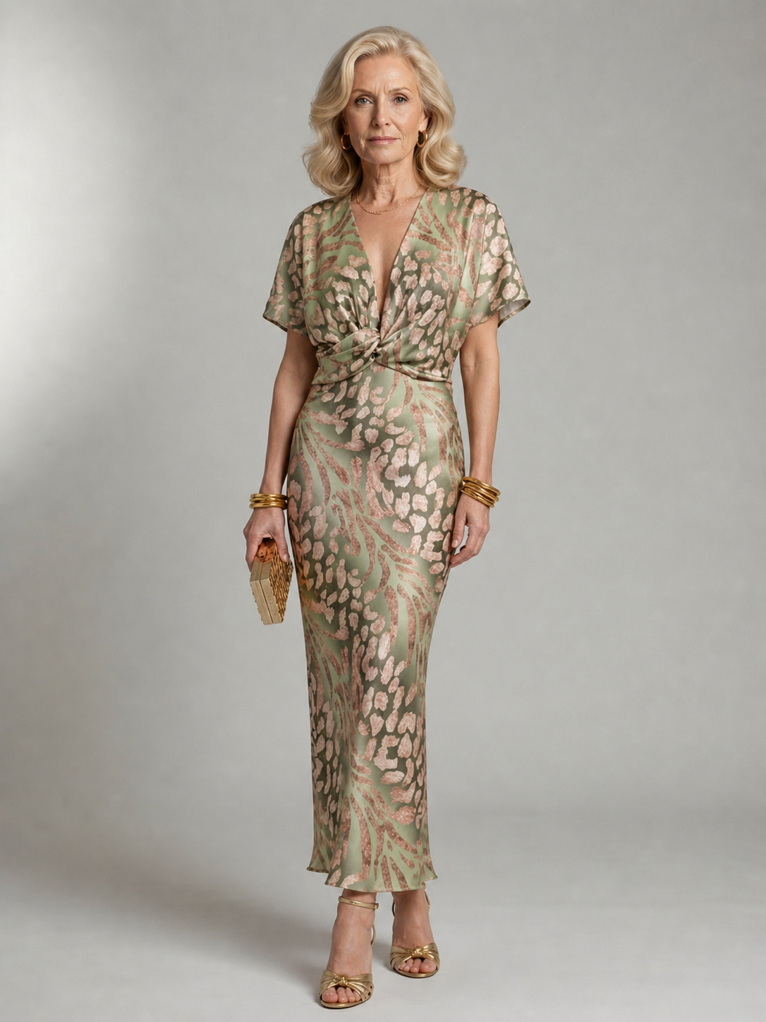 Hayes & Tate™  | Abstract Print V Neck Twist Waist Midi Dress
