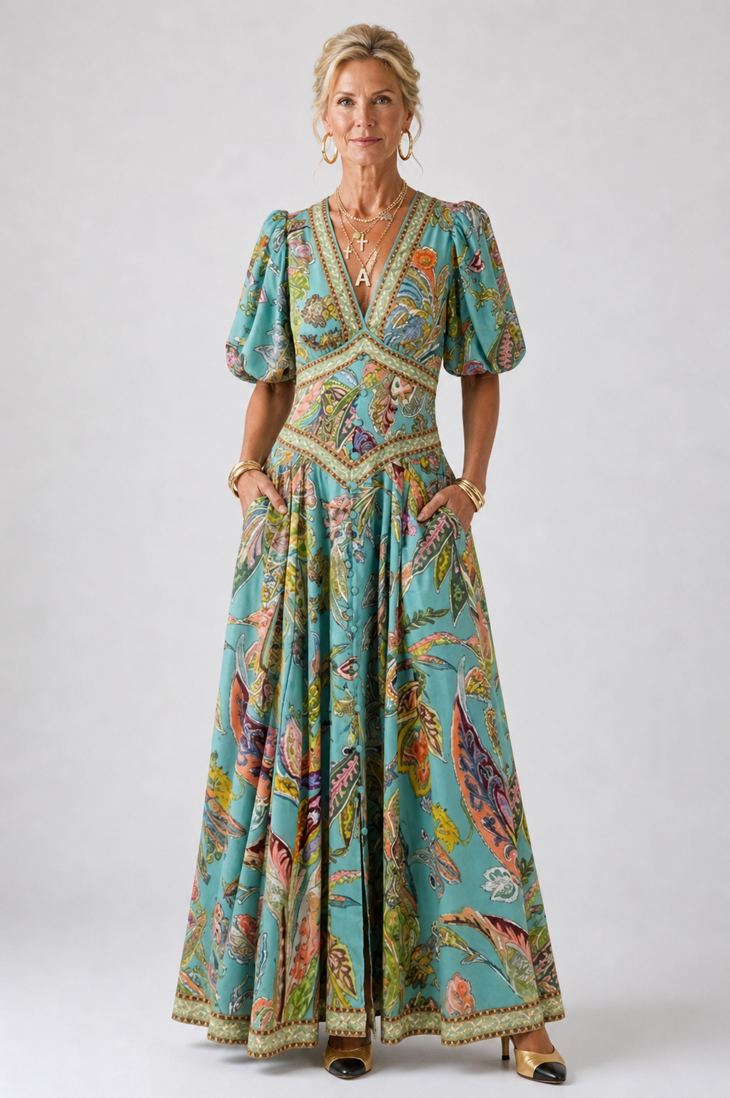 Hayes & Tate™  | Airy maxi dress with puff sleeves and V-neck