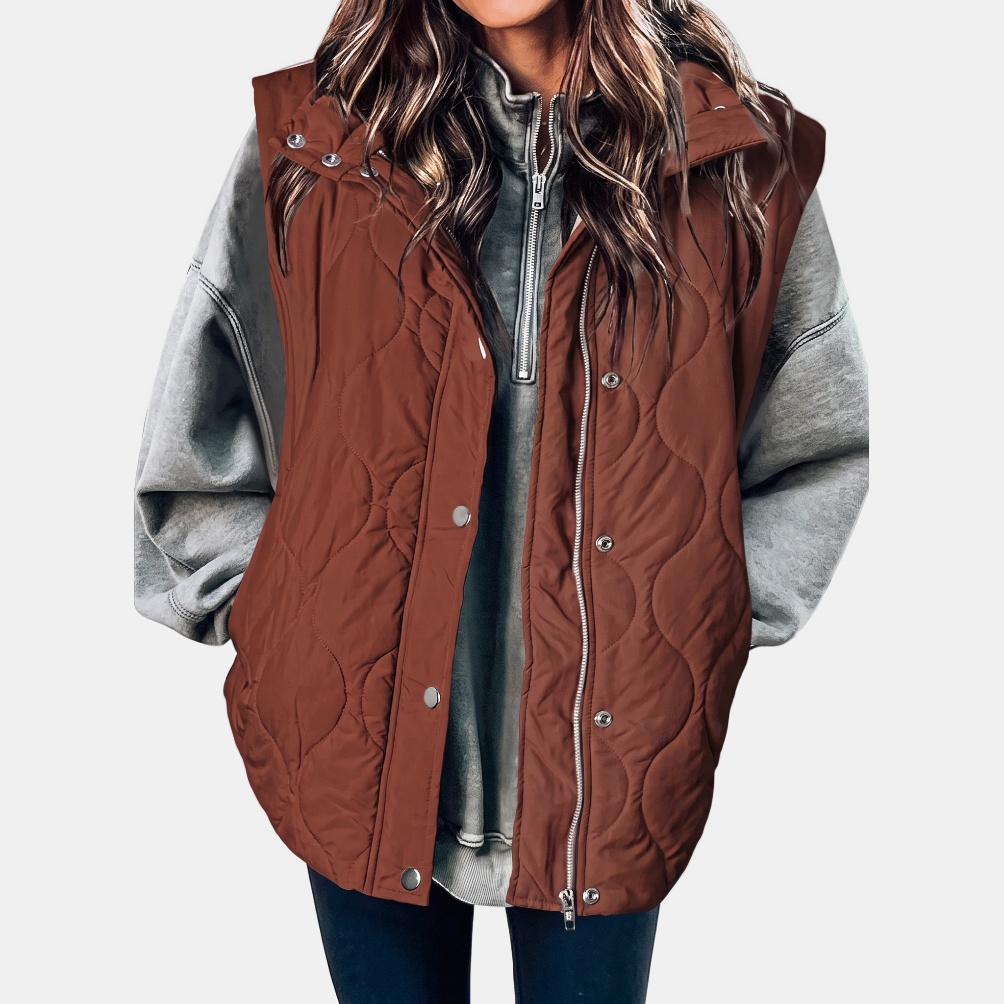 Women's Quilted Puffer Vest Sleeveless Zip and Snap Button Hooded Coat