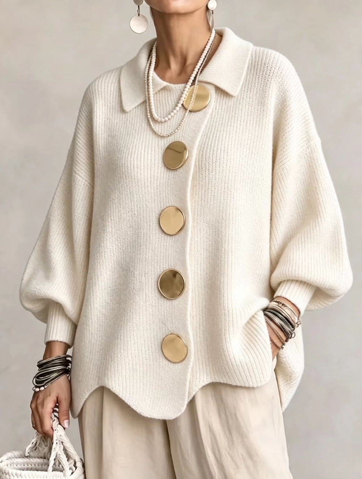 Isadora™ | Oversized Collared Cardigan With Large Metal Buttons