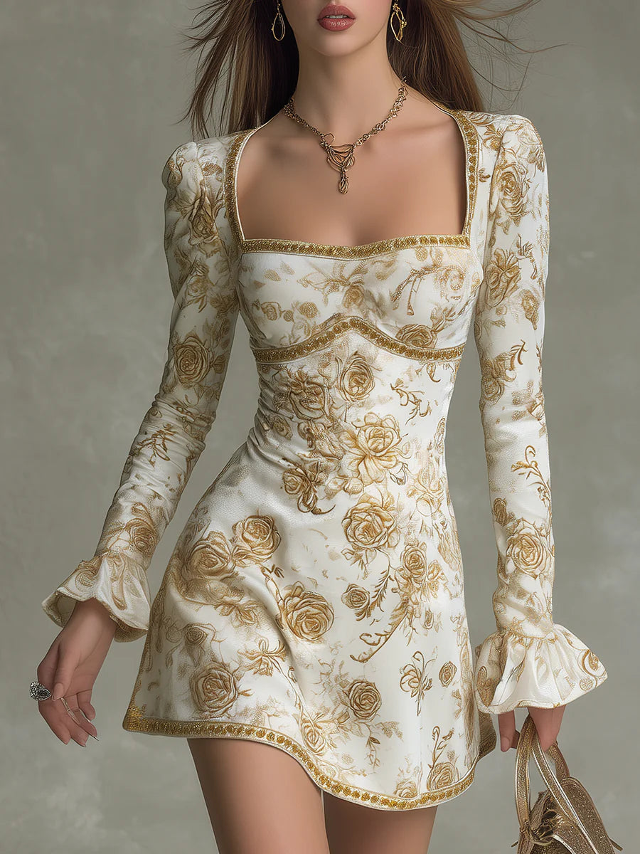 Elegant Mini Dress in Velvet with Vintage Rose Print