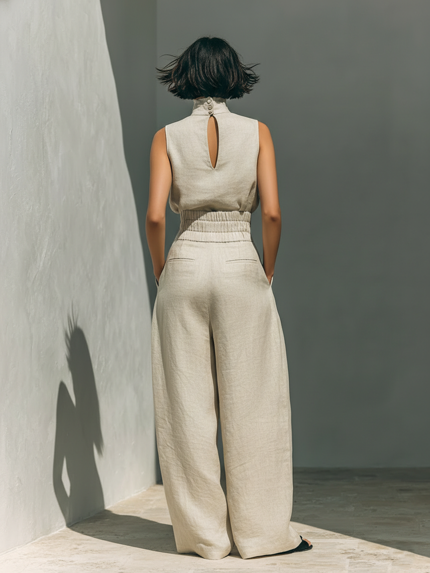 Set consisting of a sleeveless blouse and wide-leg pants made of a cotton-linen blend.