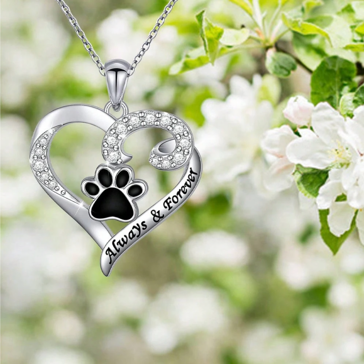 Dog Paw Necklace – Heart Design in Stainless Steel with Zirconia