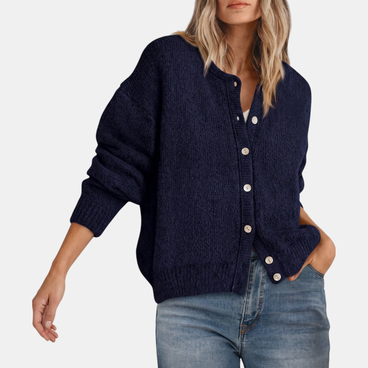 Emily | Button Front Crewneck Cardigan Sweater