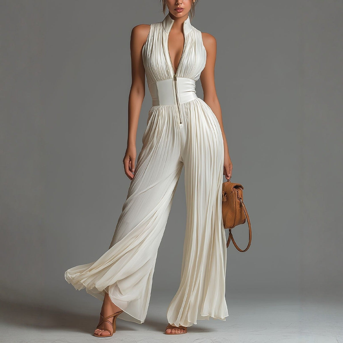 White sleeveless chiffon jumpsuit with V-neck, zipper, and wide pleated pants