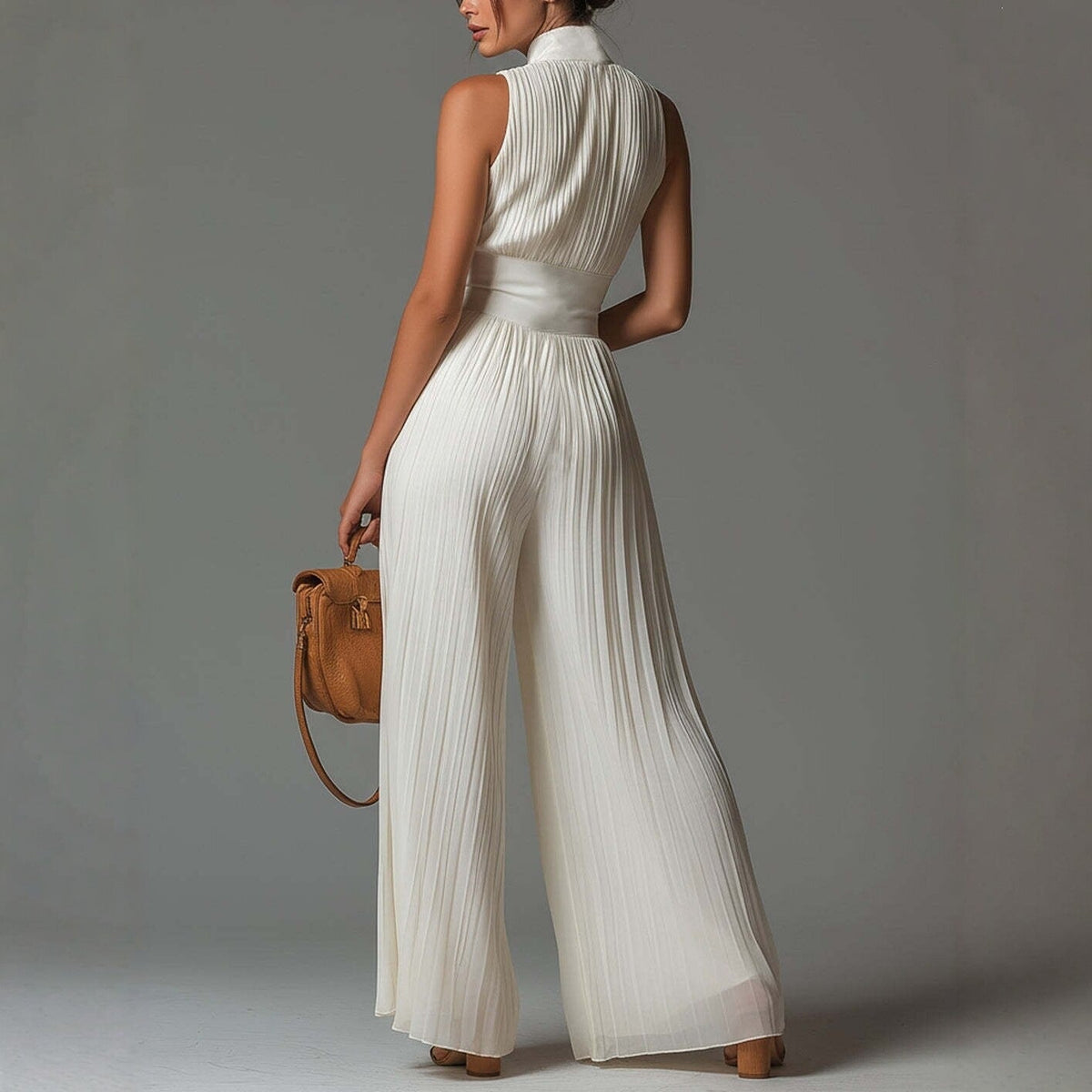 White sleeveless chiffon jumpsuit with V-neck, zipper, and wide pleated pants