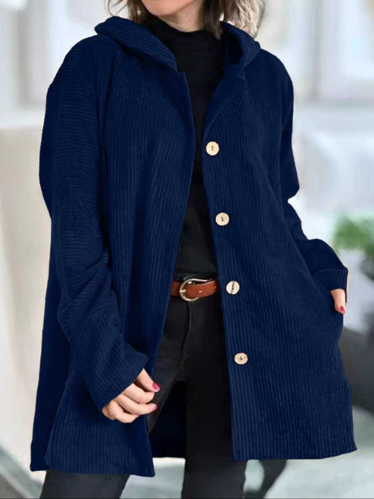 Harper | Hooded Ribbed Corduroy Button-Up Jacket
